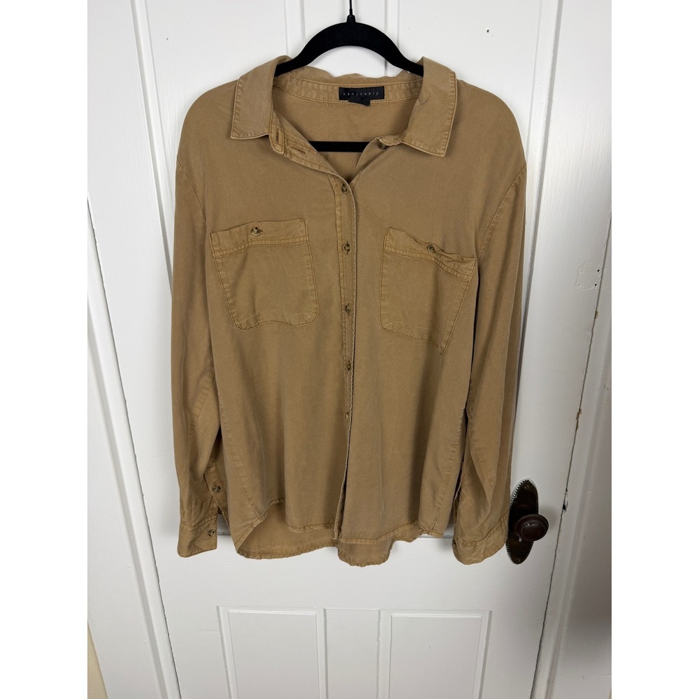 Sanctuary Lyocell Utility Shirt Women's M Tan Camel Button Front Roll Tab Sleeve